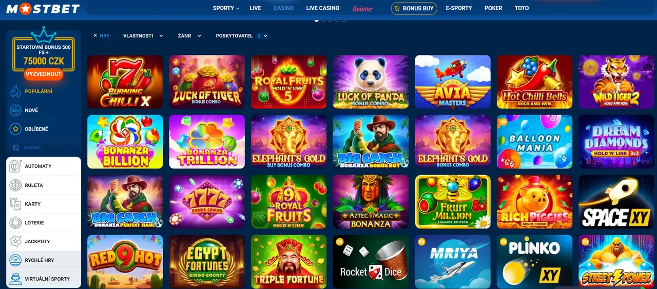 Hry a automaty v Mostbet Casino